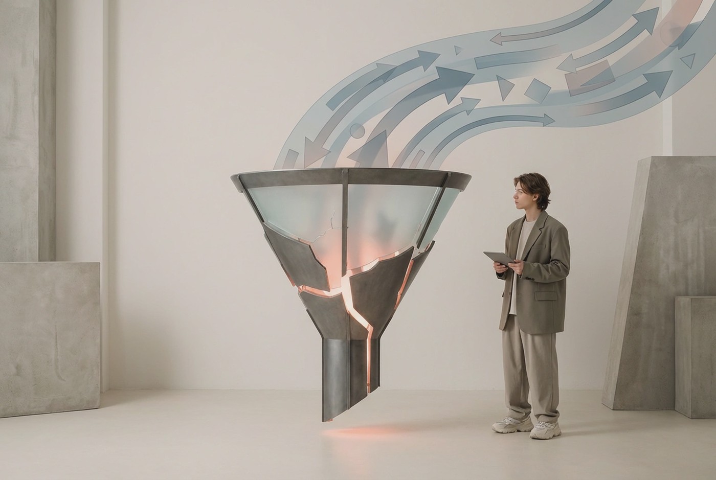 Clean product-analytics style funnel showing five stages and a visible drop-off between key steps