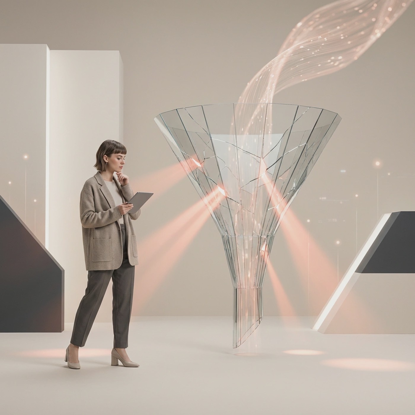 Editorial-style image of a young marketer facing a broken conversion funnel while paid traffic continues to flow in