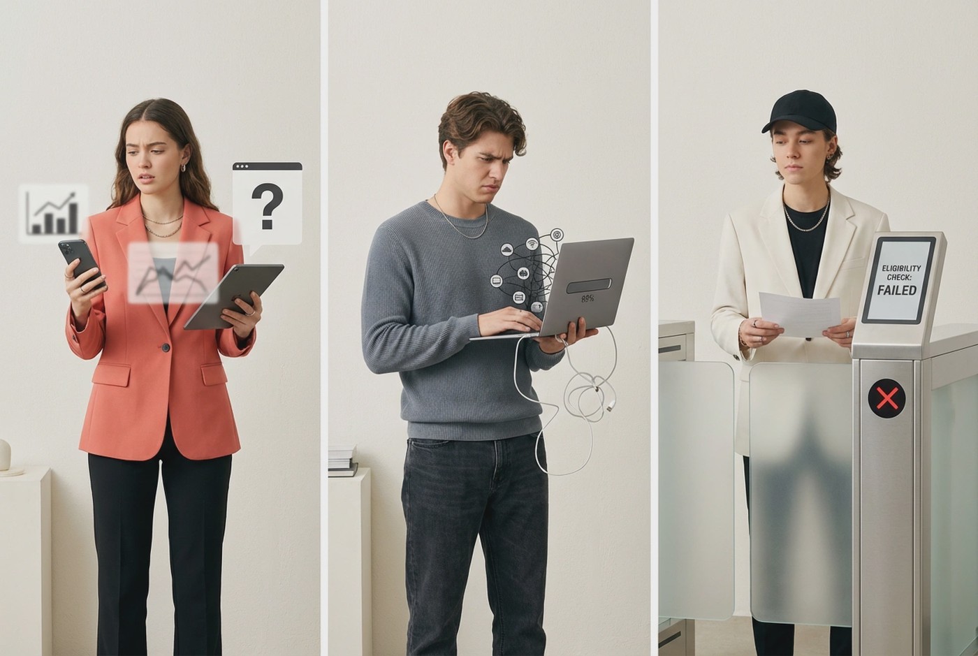 Stylized three-panel visual showing expectation mismatch, UX friction, and eligibility constraints as different funnel problems